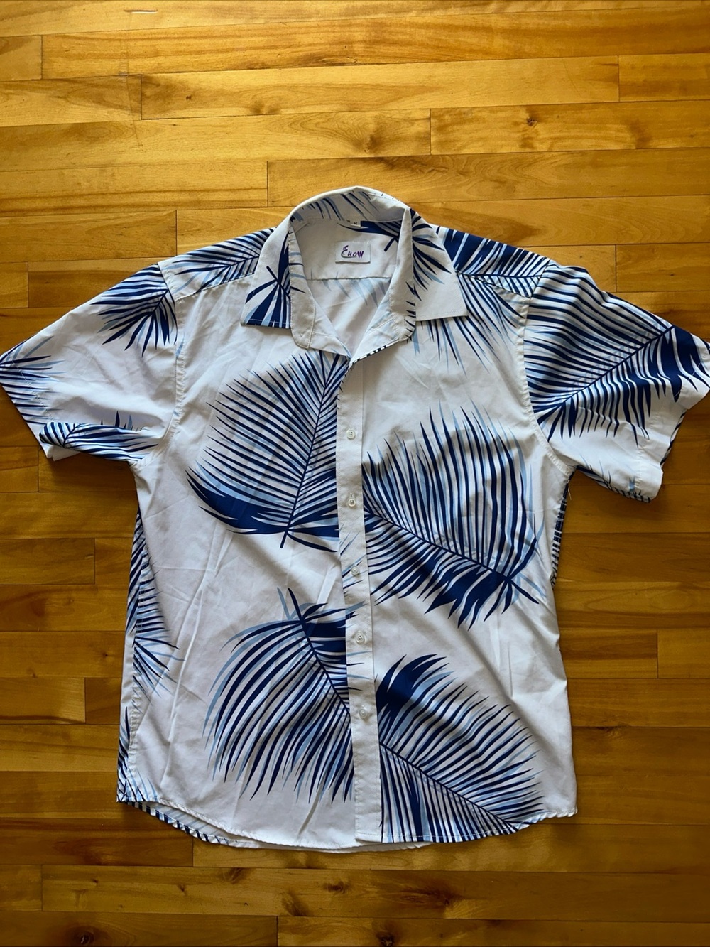 Euov Men’s Palm Leaf Hawaiian Camp Shirt White Blue Tropical Button Up Size M